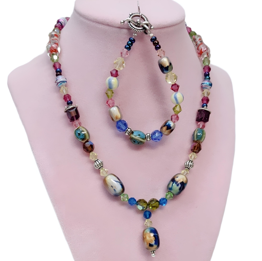 Vintage Sterling Silver Czech Murano Crystal Glass bead Necklace Bracelet Set - Picture 4 of 14